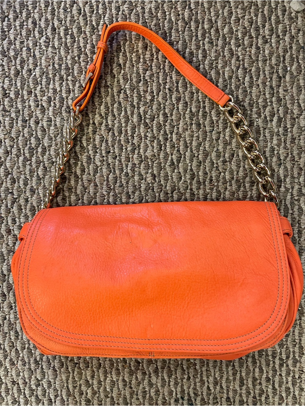 Isaac Mizrahi Vintage Orange Leather Saddle Bag With Gold Chain Link Detail
